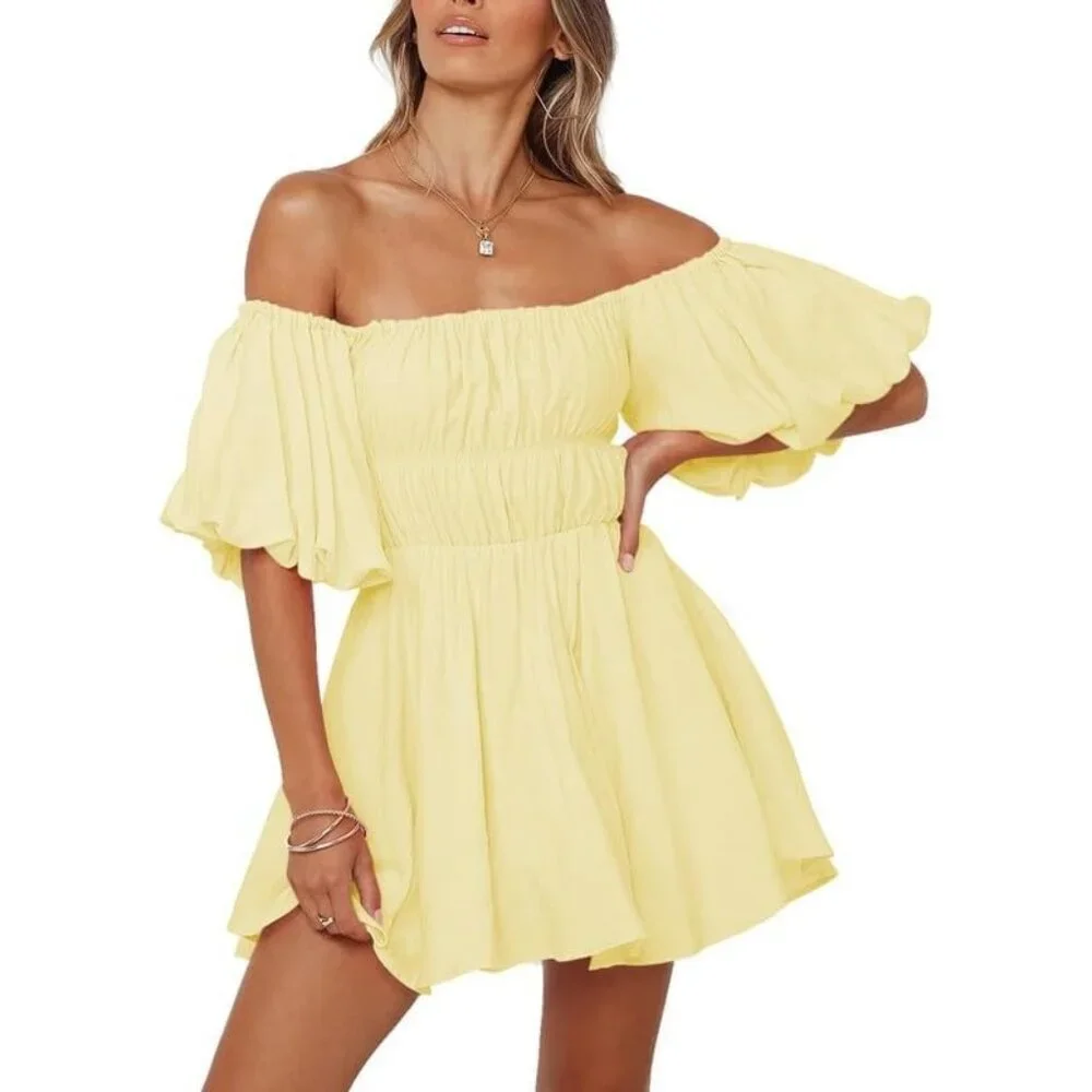 Womens Off The Shoulder Summer Dresses 2024 Short Lantern Sleeve Ruffle Elastic - Picture 1 of 6